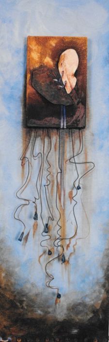 Entrelazar   mixta s madera con cera  mica y alambre recocido   120x40 cm.  2003 